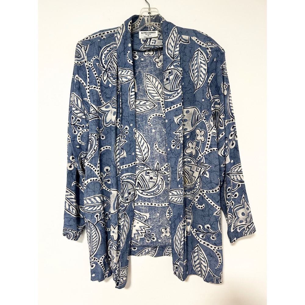 Alfred Dunner Petite Vintage Blue White Batik Floral Open Front Cardigan Size 8P